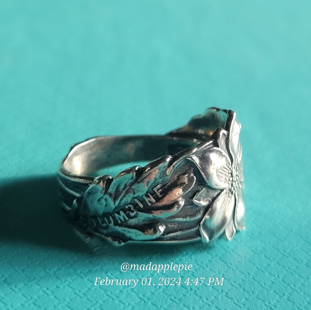 Sterling Silver Spoon Ring Columbine Flower Adjustable Flower Statement Piece 96 - Picture 6 of 10